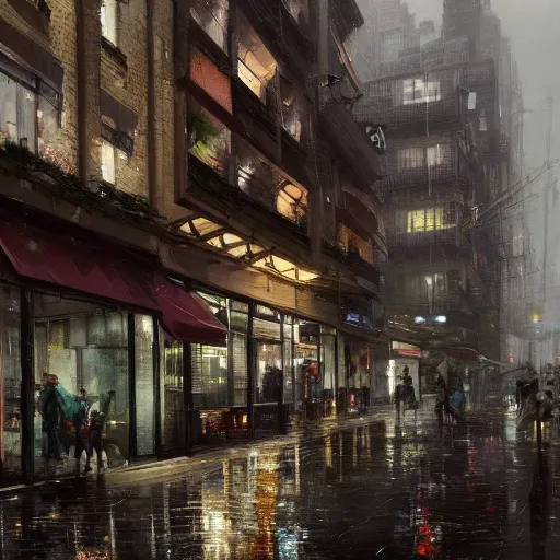 Prompt: view from the street level, shows a dense cityblock, ground floor shops, residential apartments, rooftop garden. rainy atmosphere. sharp focus, smooth, hd, detailed, decayed, digital painting trending on art station, greg rutkowski.
