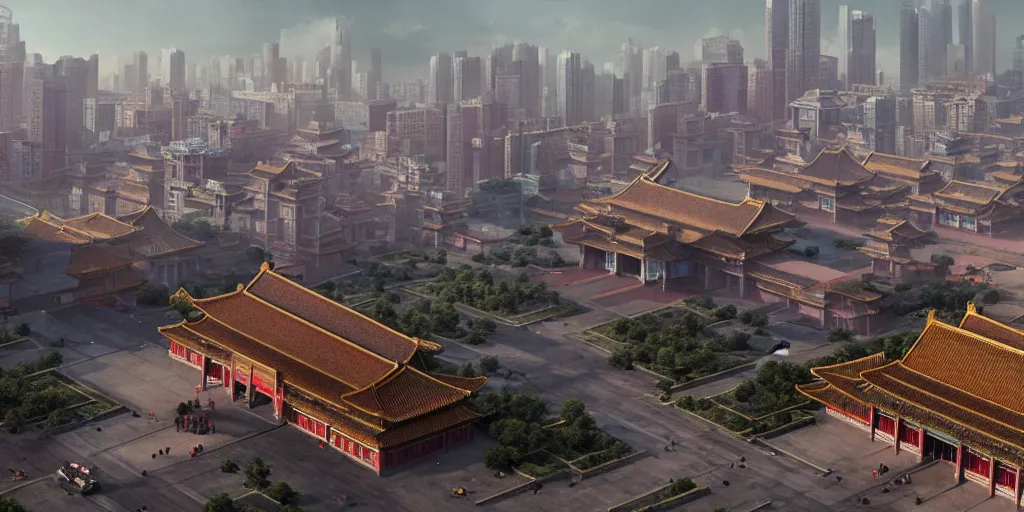 Prompt: a very high resolution image from a new movie, cyberpunk building and forbidden city, front view, photorealistic, photography, directed by wes anderson