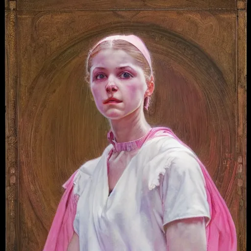 Image similar to a frontal portrait of a young priestess, dressed in white and pink, ( so happy, her face hurts ), by donato giancola and norman rockwell.