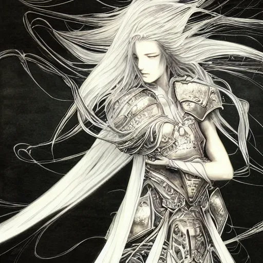 Image similar to Yoshitaka Amano realistic illustration of an anime girl with wavy white hair fluttering in the wind and cracks on her face wearing Elden ring armour with the cloak, abstract black and white patterns on the background, noisy film grain effect, highly detailed, Renaissance oil painting, weird portrait angle