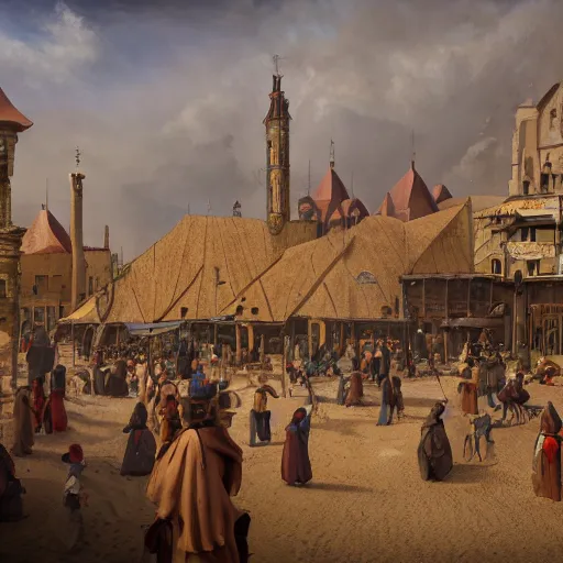 Prompt: a movimented medieval market painted by jan baptist huysmans, adorned architecture, birds, nature, middle east, epic painting, cgsociety, sand, beautiful, camel, semirealism, artstation, volumetric light, octane render, sharpness, 8 k, golden ratio