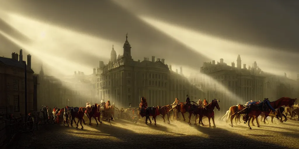 Image similar to 1 8 th century london, god rays, carriages with horses, digital art, landscape, fantasy art, octane render, ureal engine, high detail, very realistic, by greg rutkowski. by james gurney