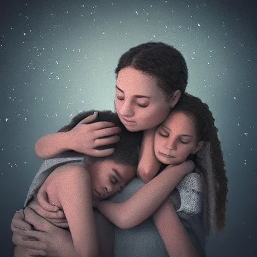 Image similar to “A family hugging each other for the last time as the world is ending, meteors are falling from the sky, everything is on fire, dramatic lighting, digital art, very very very very very very beautiful, 8K, dark lighting, trending on Artstation, award winning”