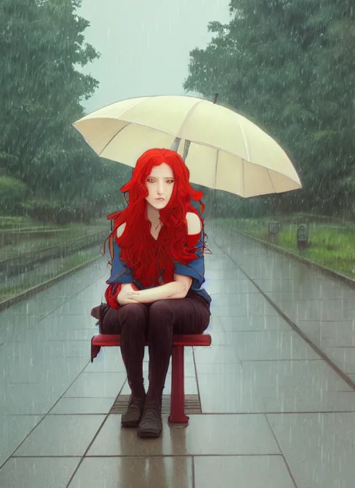 Image similar to pretty young woman with long red hair sitting at a bus stop in the rain, path traced, highly detailed, high quality, digital painting, by studio ghibli and alphonse mucha, leesha hannigan, makoto shinkai, disney