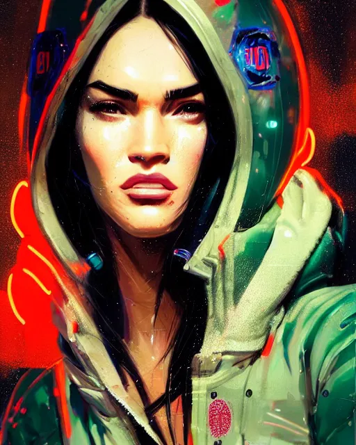 Image similar to detailed megan fox portrait neon operator girl, cyberpunk futuristic neon, reflective puffy coat, decorated with traditional japanese ornaments by ismail inceoglu dragan bibin hans thoma greg rutkowski alexandros pyromallis nekro rene maritte illustrated, perfect face, fine details, realistic shaded, fine - face, pretty face