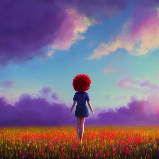 Image similar to giant flower afro, full body, girl standing in the middle of a field with flowers, surreal photography, hills, sunrise dramatic light, impressionist painting, colorful clouds, digital painting, pointillism, artstation, simon stalenhag