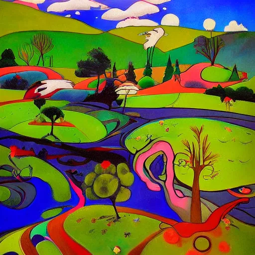 Image similar to A beautiful painting of a landscape. It is a stylized and colorful view of an idyllic, dreamlike world with rolling hills, peaceful looking animals, and a flowing river. The scene looks like it could be from another planet, or perhaps a fairy tale. harlequin by William Gropper defined