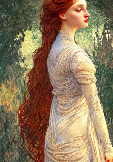 Image similar to sansa, intricate, elegant, highly detailed, digital painting, artstation, concept art, smooth, sharp focus, illustration, pre - raphaelite style, monet, mucha