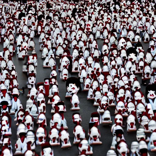 Prompt: the running of the giant screaming bob ross dolls in pamplona spain