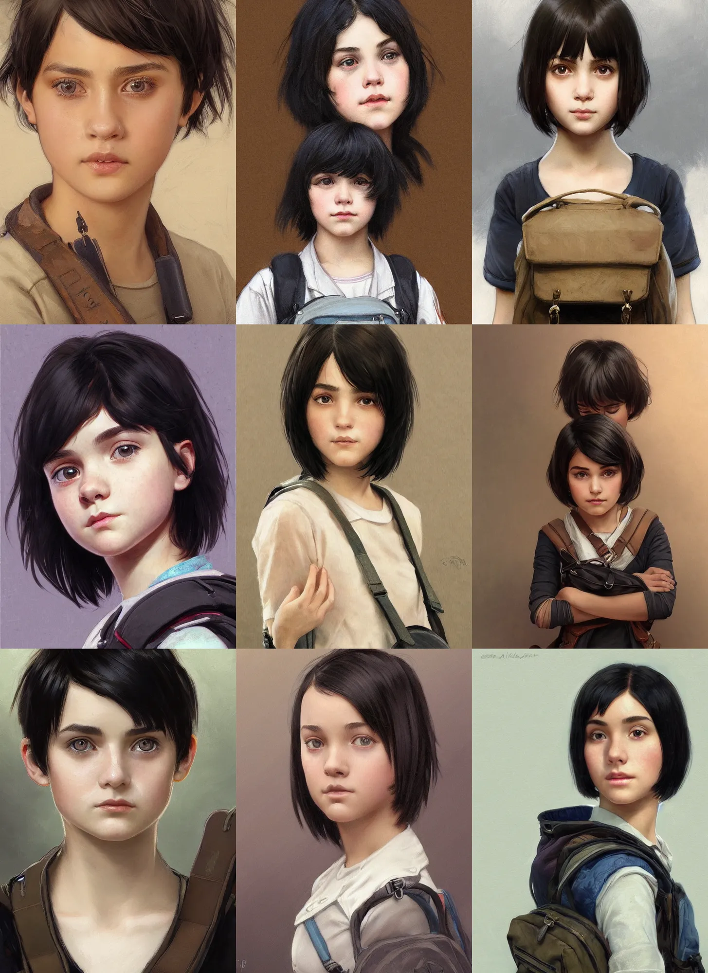 Prompt: Close-up portrait of kind young girl with short black hair in a bob cut, with a backpack, slightly dirty face, portrait, highly detailed, digital painting, artstation, concept art, sharp focus, illustration, art by artgerm and greg rutkowski and alphonse mucha