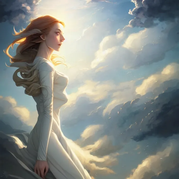 Image similar to style artgerm, joshua middleton, charlie bowater, soft castle in the sky white with gold, majestic spires, clouds swirling, detailed, sky setting, volumetric lighting