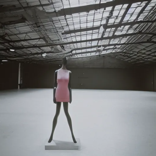 Image similar to empty warehouse room with a lone fashionable mannequin girlfriend in front of the camera cinestill 7 0's film