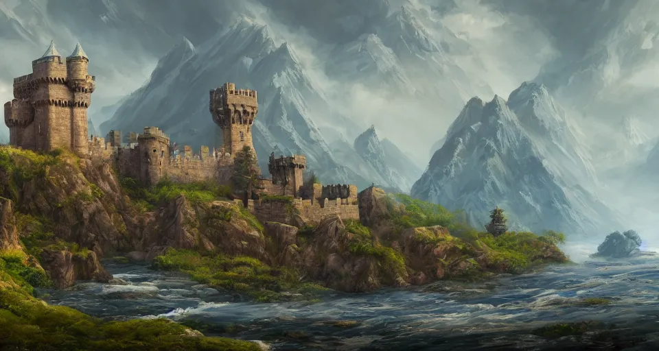 Image similar to A magnificent castle on the stretches of a vast land, fancy crenellations and sturdy reinforced walls looking, rivers and ocean, high mountains, painted in the style of concept artist Michael Kus, 4k