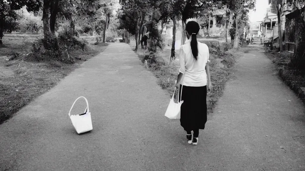 Prompt: film washi photo of a woman on a pathway carrying a white bag