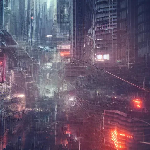 Image similar to terrifying nature destroying a dystopian city, cyberpunk, sharp focus, dynamic lights, still, photograph, hyper realistic, masterpiece, octane render, rendered, 3 d, cinematic, cinematic lighting, dramatic lighting, highly detailed, intricate details, texture, cinematic composition, by donglu yu and kevin jick and eddie del rio