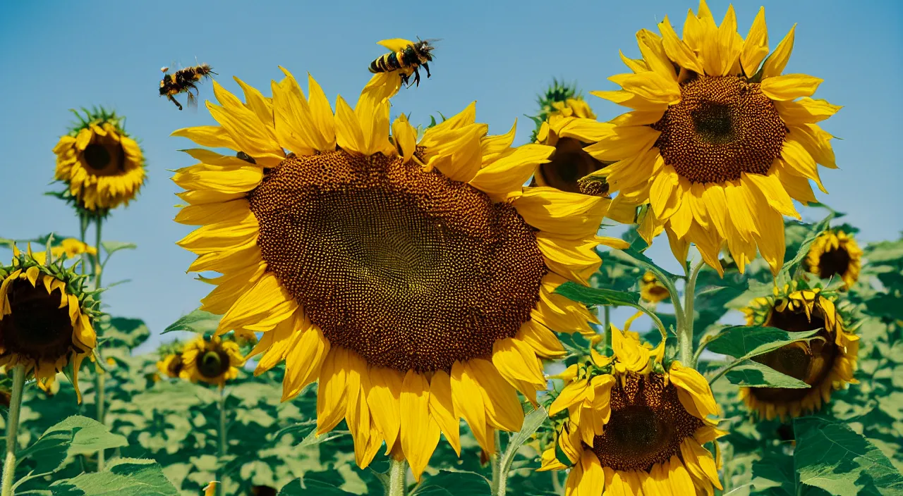 Image similar to macro shot of sunflowers on a hot summer day being pollinated by psychadelic bees, canon 1 0 0 mm, wes anderson film, kodachrome