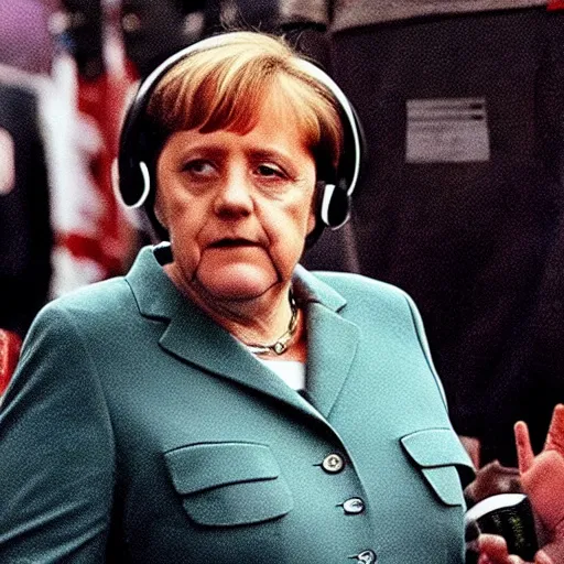 Prompt: Angela Merkel dressed as Eminem in the movie 8 mile, movie still