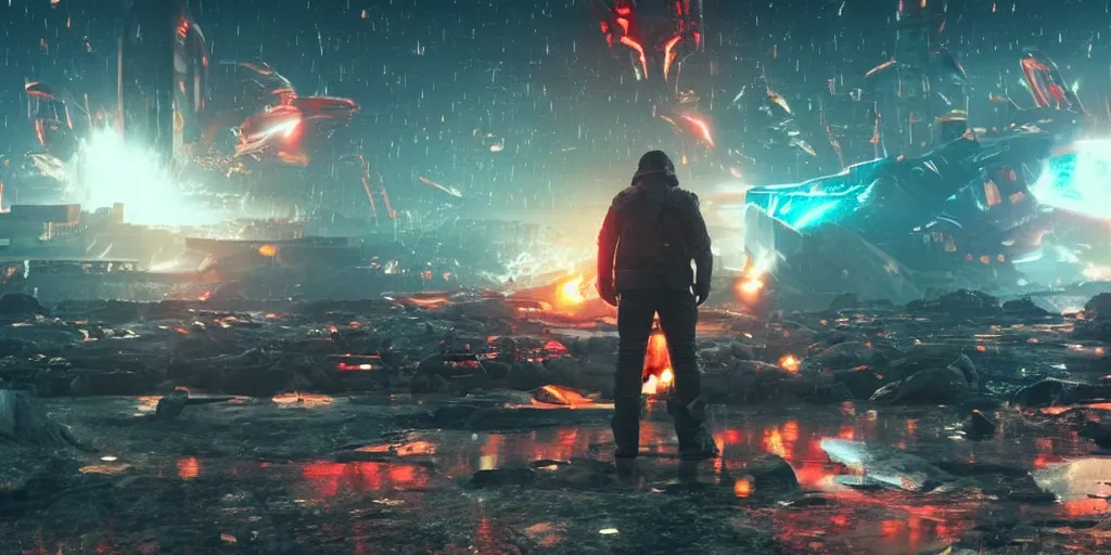 Image similar to a human standing front of a huge towering and broken stone tablet with red light + alien pattern + an abandoned spaceship, stands in the center of a prosperous city at the end of the world, and the power and energy is explode, secret, mysterious, doomsday, landscape, video game control, quantum break, arknights,