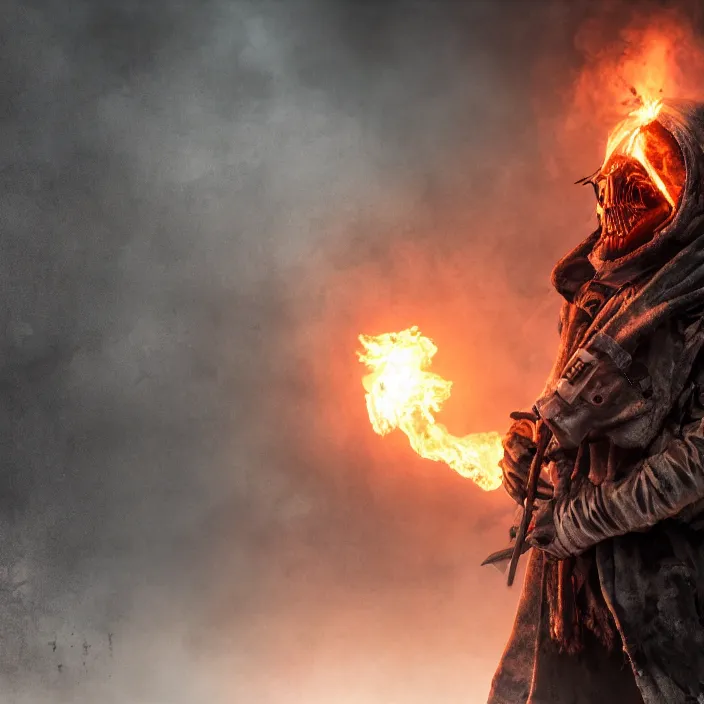 Image similar to gritty apocalyptic hooded man smiling with burning heart in chest, octane render, 4 k ultra hd, hyper - detailed, seedy lighting, sharp focus, fantasy dark art