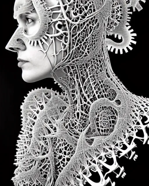 Image similar to surreal black and white photo portrait of complex bio-mechanical beautiful young female vegetal-cyborg with a Mandelbrot fractal steampunk metal fine lace face, a very long neck and a fine metal floral foliage super big lace collar by Alexander McQueen:: high fashion, haute couture, rococo, steampunk, silver filigree details, anatomical, facial muscles, cable wires, microchip, elegant, dreamy, foggy, hyper realistic, 150 mm lens, soft rim light, octane render, unreal engine, picture was taken in 1910 by Man Ray, volumetric lighting, dramatic light,8k,