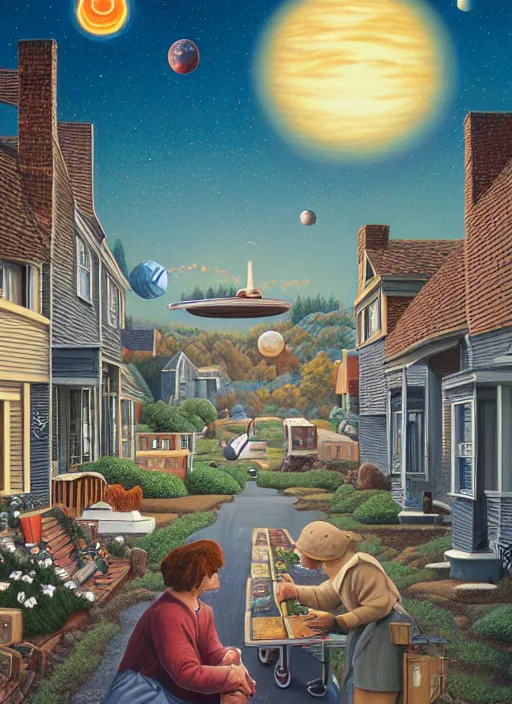 Image similar to a cozy pnw neighborhood. planets in the sky, vintage shapes, retro technology, happy colors. rob gonsalves, oil on canvas, deep depth field, masterpiece, cinematic composition, hyperdetailed