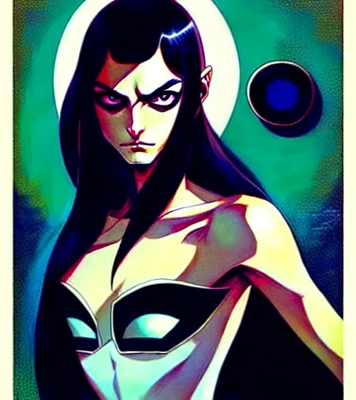 Image similar to artgerm, joshua middleton comic cover art, pretty friendly sweet kind phoebe tonkin eye of horus painted under one of her eyes, young, attractive, slim, she has very pale skin long black hair, she prefers to dress casually and she wears black clothing