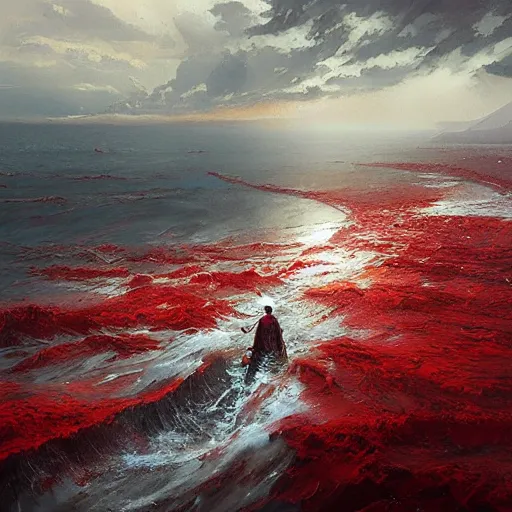 Image similar to ocean of blood, oil painting, by greg rutkowski