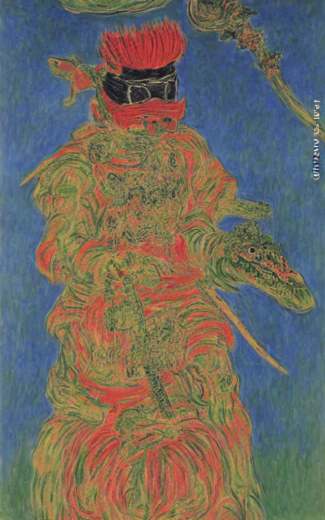 Image similar to a magical fantastic samurai with a crocodile mask, by monet, made with millions of stroke, japanese inspiration, wonderful details, crazy colors 1 0 %, pale sober colors 9 0 %