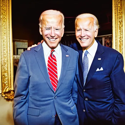 Image similar to A portrait photo of joe biden teams up with a teenage joe biden, perfect faces, 50 mm, award winning photography