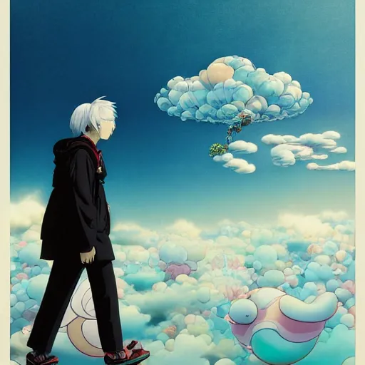 Image similar to a man walking on clouds above kyoto by takashi murakami, beeple and james jean, aya takano color style, 4 k, super detailed