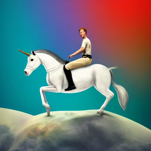 Prompt: mark zuckerberg riding a unicorn, pointing, wearing a crown, paradise landscape, vivid colors, pastelle, digital art, trending on artstation