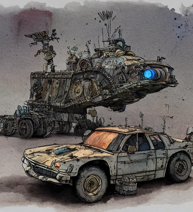 Image similar to a 3 / 4 view watercolor ink painting of a post - apocalyptic mad max / fallout style tank in the style of jean giraud in the style of moebius trending on artstation deviantart pinterest detailed realistic hd 8 k high resolution