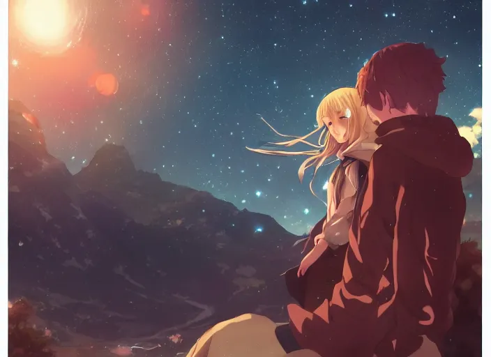 Prompt: watching the stars at night, on a mountain, by wlop, anime key visual, poster