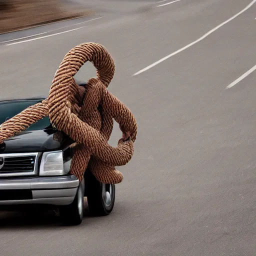 Prompt: Rope man driving to work, award winning photograph 4k HD