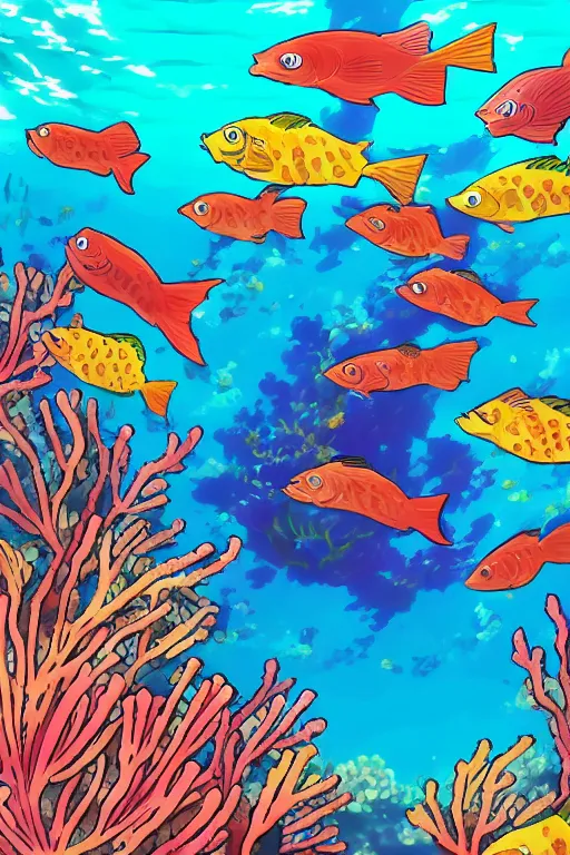 Image similar to a beautiful and colorful fish swimming through a coral in the ocean anime style, makoto shinkai style