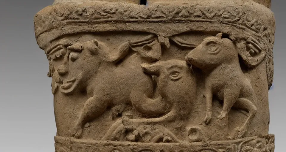 Prompt: Decorated capital of a pillar from the royal palace of Shabwa, 3rd century BC, depicting an ornately dressed royal capybara