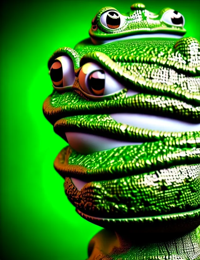 Prompt: complex 3 d render of a beautiful porcelain pepe the frog face, green and black, fractal veins. dragon cyborg, 1 5 0 mm, beautiful natural soft light, rim light, gold fractal details, fine lace, mandelbrot fractal, anatomical, glass, facial muscles, elegant, ultra detailed, metallic armor, octane render, depth of field