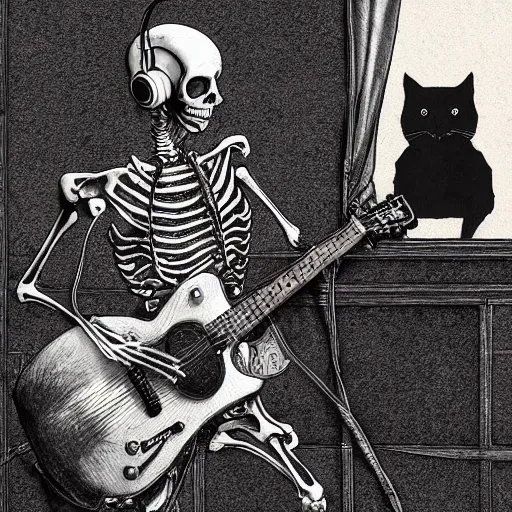 Image similar to skeleton wearing headphones, watching girl playing guitar while her black cat standing next to her, detailed intricate ink illustration, dark atmosphere, detailed illustration, hd, 4k, digital art, overdetailed art, by greg rutkowski, by loish, complementing colors, Trending on artstation