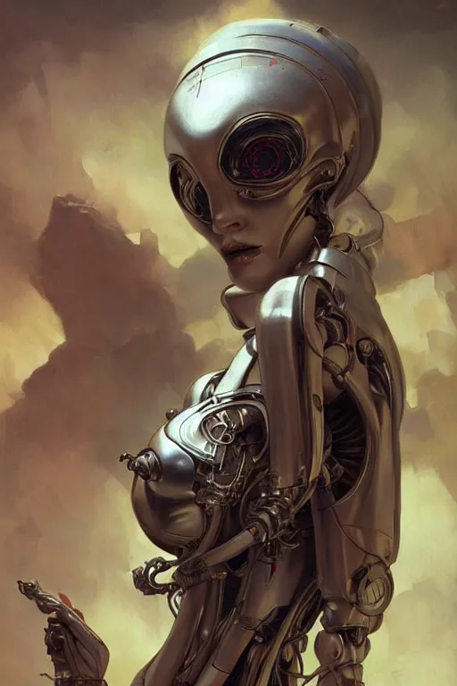 Image similar to An Alien Robot Naughty Nurse, facial tattoos, artists portrait, biomechanical, Emergency Room, oppai, fantasy, highly detailed, photograph, concept art, sharp focus, depth of field blur, illustration, art by artgerm and greg rutkowski and alphonse mucha