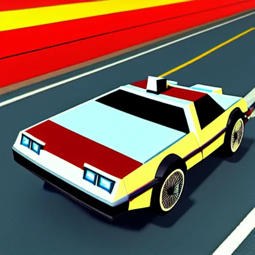 Image similar to back to the future delorean, mario kart 6 4 screenshot, low poly, aliased