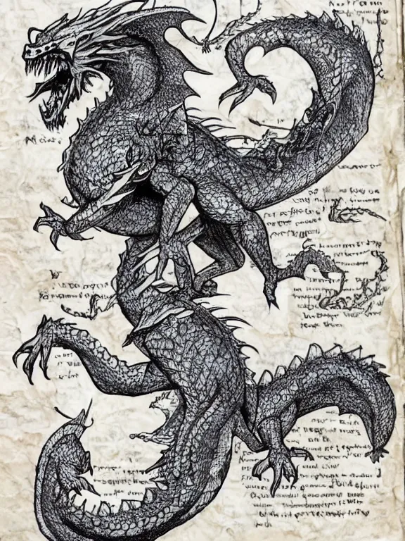 Image similar to ink illustration of a dragon, monster manual style, dungeons and dragons guidebook, tan parchment paper