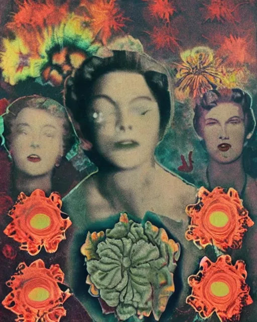 Image similar to nuclear explosion, different women's faces, cut and paste collage, mutated flowers, soft glow, 1 9 5 0 s, hypnotized, gritty texture, radioactive, serene emotions