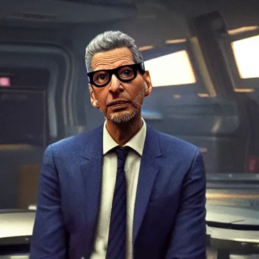 Prompt: beautiful up close photo of Jeff Goldblum staring toward camera while sitting in a scene in, Spider-Man: Into the Spider-Verse (2018) movie