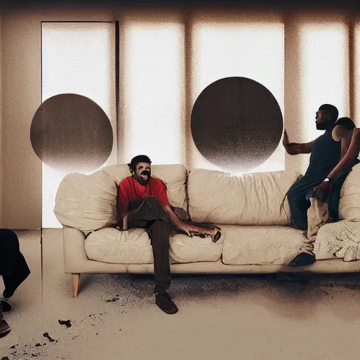 Image similar to gang members chilling around dirty couch in a beige room thick atmospheric dust sun barely shines through the blinds jonathan zawada style photography