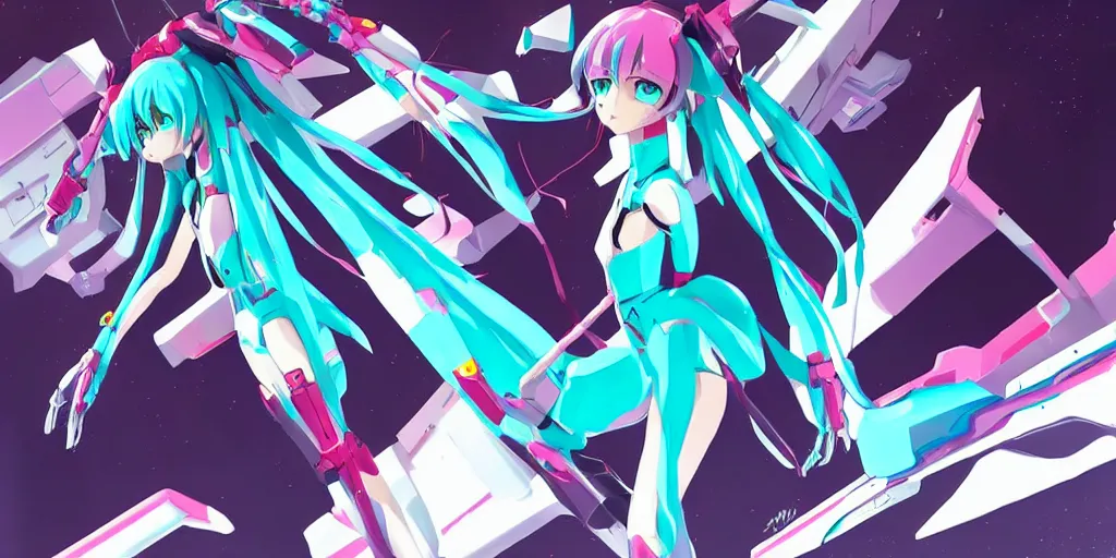 Image similar to hatsune miku piloting neon genesis evangelion mech, digital art, art station, tredning on art station,