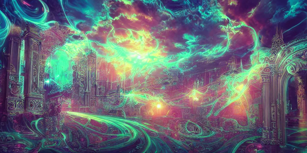 Prompt: [ palate ] [ nebulous energy ] [ muted neon colors ] intricate giant victorian style gateway to purgatory, paisley synapse cloud pattern, god at the gate, vibrant neon nebulous clouds, symmetrical details, hyper realistic illustration, radiant light rays, photorealistic illustration, intricate and fine details, volumetric lighting, artstation