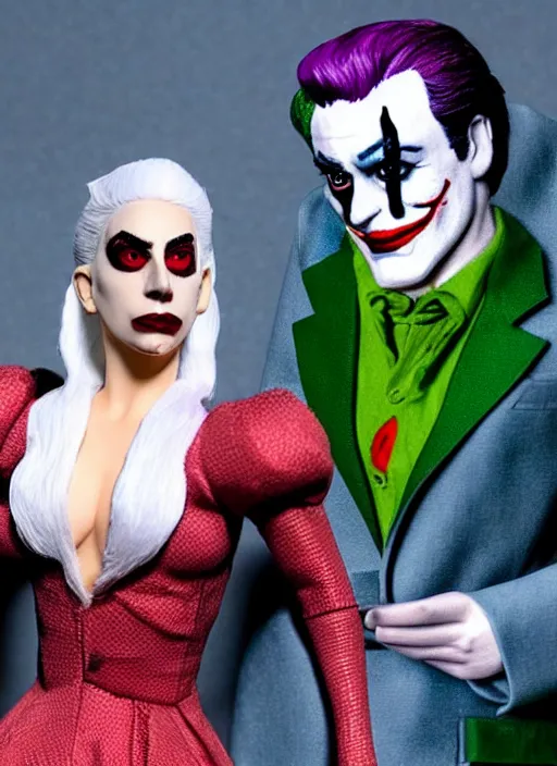 Image similar to highly detail and highly realistic and intricate and pop up - lady gaga harley queen and joaquin phoenix joker - mimmo rottela