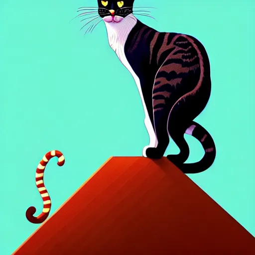 Image similar to low angle shot of a cat standing on a monolith by Martine Johana and Casey Weldon, wes anderson rich colors, intricate, elegant, highly detailed, centered, digital painting, artstation, concept art, smooth, sharp focus, illustration