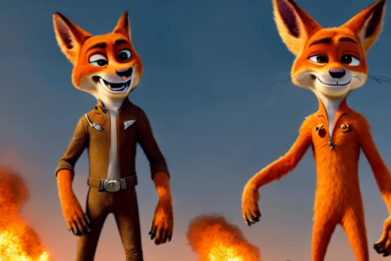 Image similar to nick wilde ( from zootopia ), heavily armed and armored facing down armageddon in a dark and gritty reboot from the makers of mad max : fury road