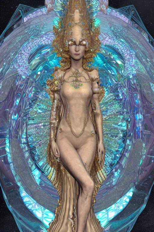 Image similar to a highly detailed metahuman 4 k render of an alien lsd goddess bella hadid in iris van herpen dress schiaparelli in diamonds swarovski and jewelry in style of alphonse mucha gustav klimt trending on artstation made in unreal engine 4